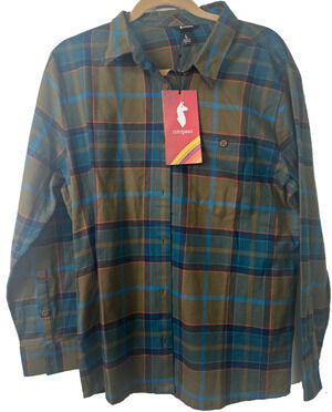 NEW Cotopaxi Women L Quedo Flannel Shirt Live Oak Plaid Organic Cttn Button A37